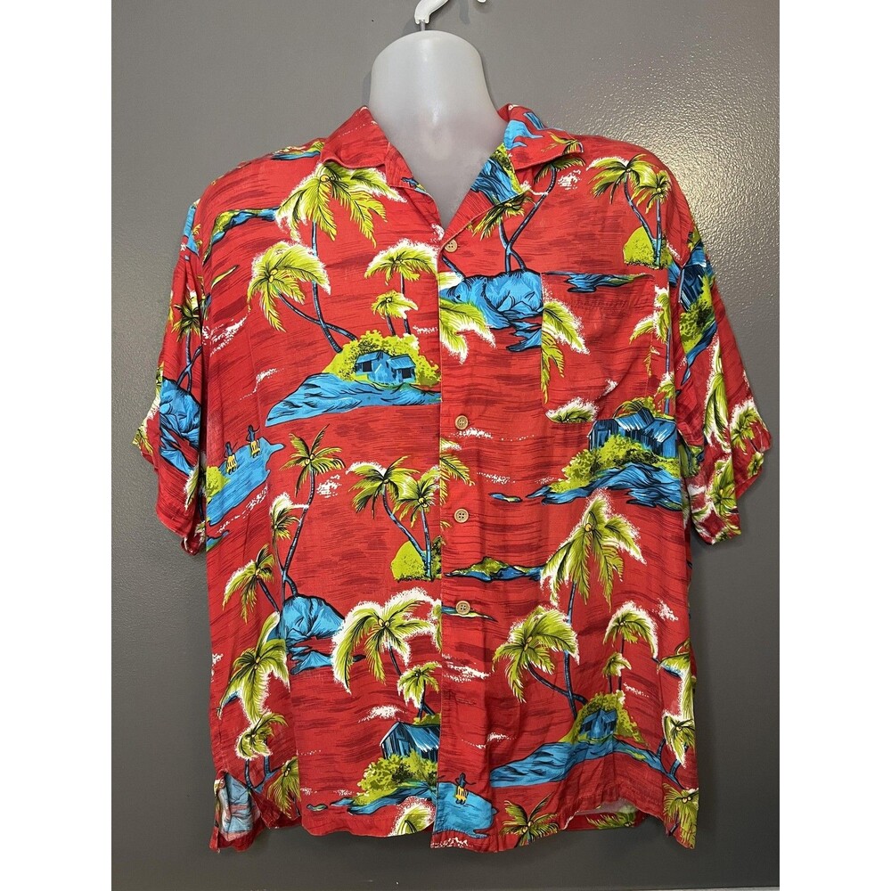 Islander Shirt Mens XL Red Rayon Hawaiian Aloha Camp Button Front Short Sleeve
